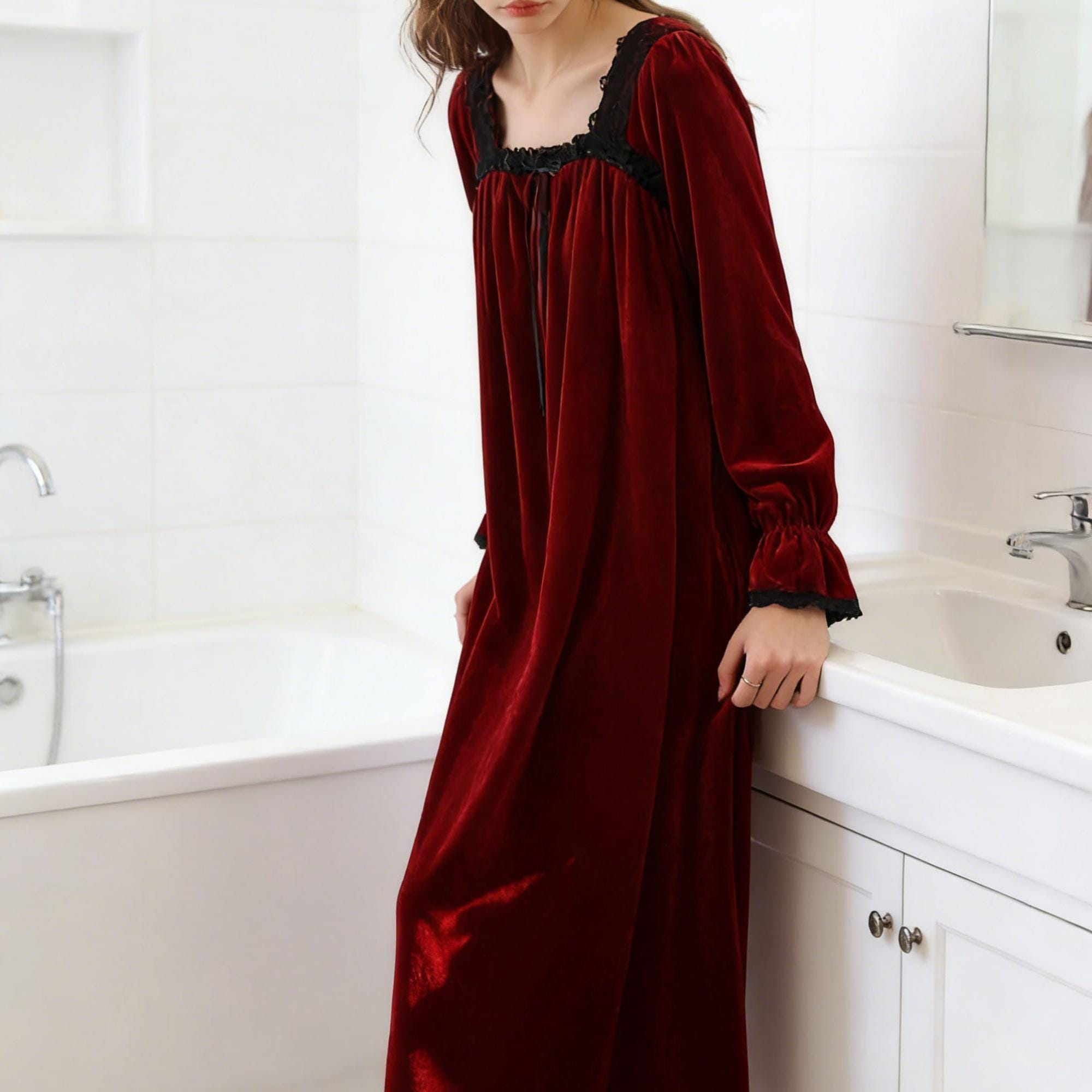Burgundy Velvet Black Lace Trim Sexy Long Sleeve Nightgown