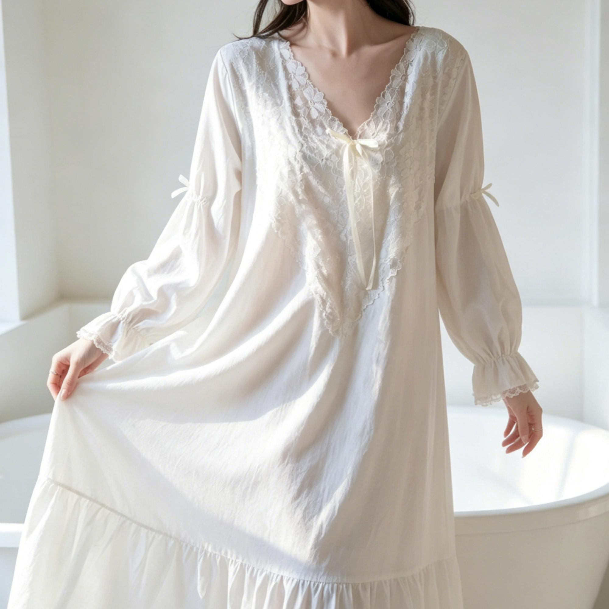 White Lace V-Neck Tie Front Romantic Long Sleeve Nightgown
