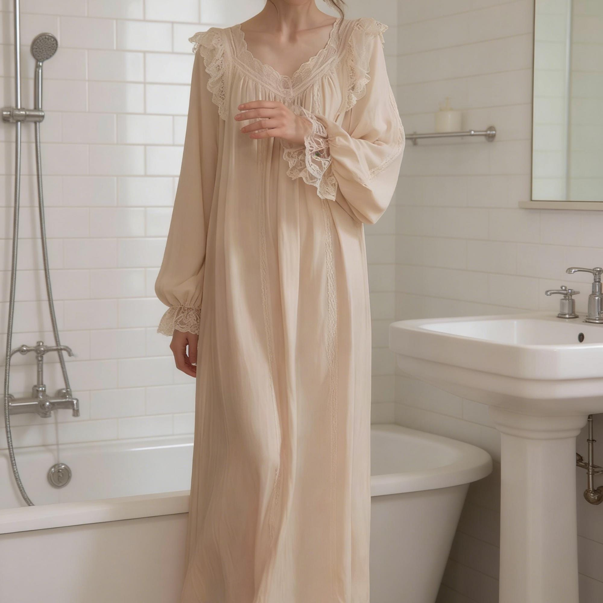 Champagne Lace Ruffle V-Neck Romantic Long Sleeve Nightgown