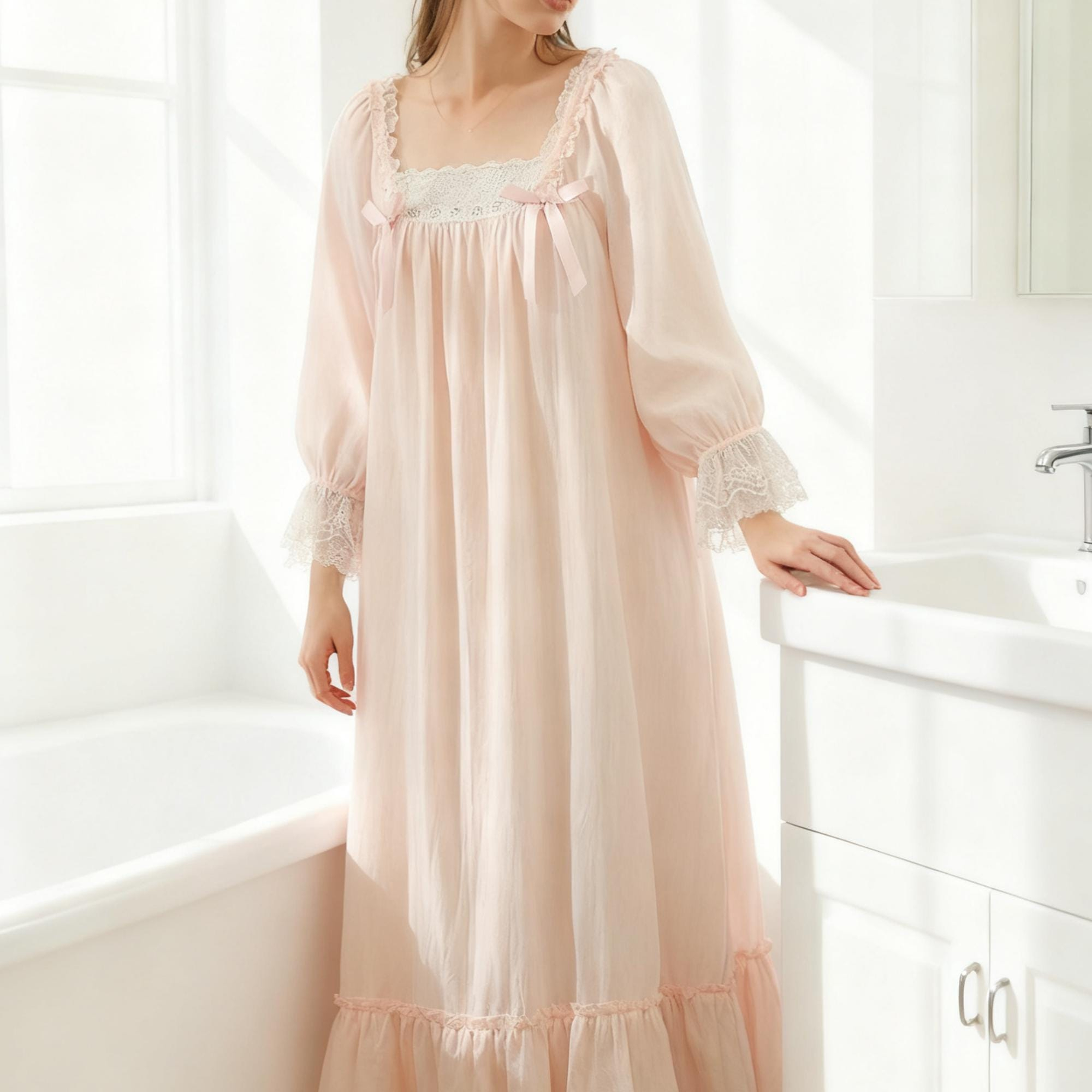 Blush Pink Lace Square Neck Bow Long Sleeve Romantic Nightgown