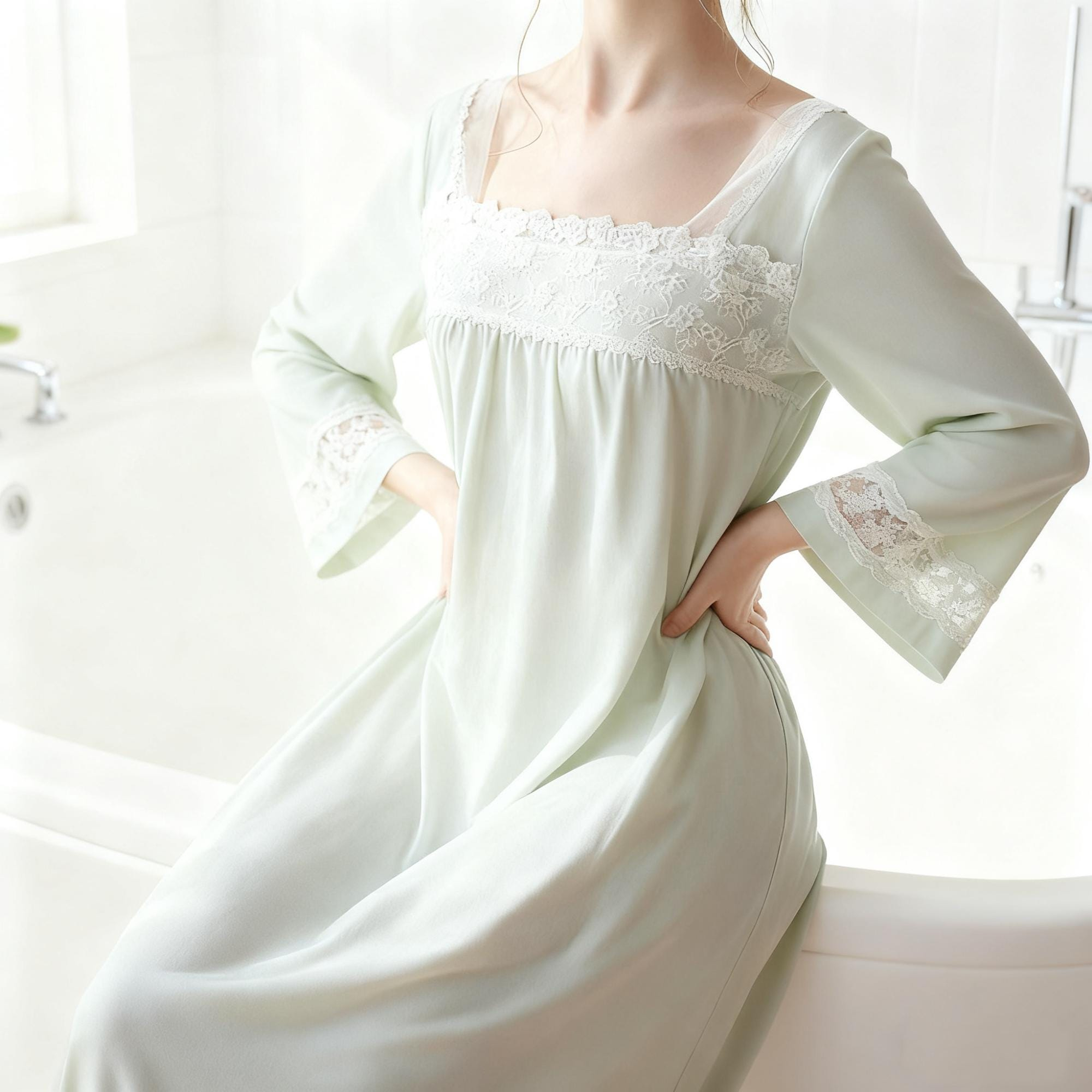 Pale Mint Lace Square Neck Romantic Long Sleeve Nightgown
